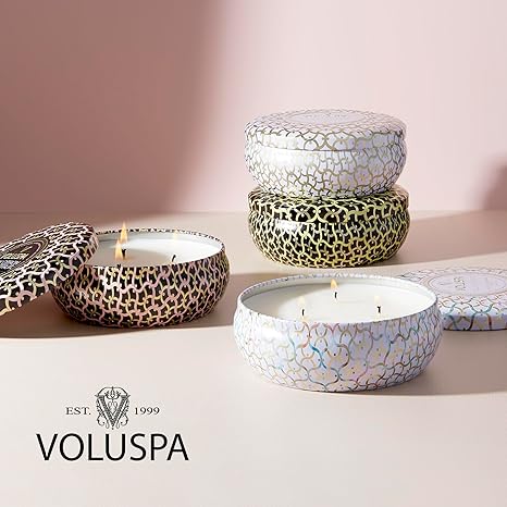 Voluspa Panjore Lychee, 3 Wick Tin Candle, 12 ounce, 40 Hour Burn Time, Coconut Wax for Clean Burning, Handcrafted in the USA