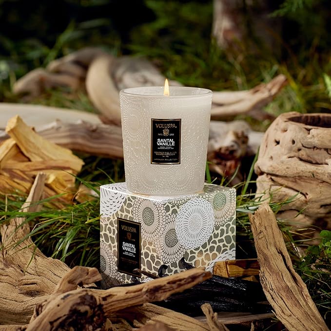 Voluspa Santal Vanille, Classic Boxed Candle, 9 Ounce, 60 Hour Burn Time, Coconut Wax for Clean Burning, Handcrafted in The USA