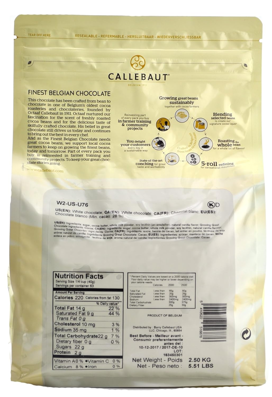 Callebaut W2 28% White Chocolate Callets 5.5 lbs