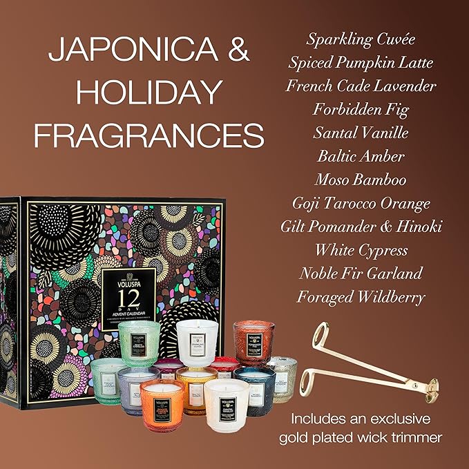 Voluspa 12 Day Advent Calendar Scented Candles Gift Set, 2.5 oz each, Christmas Candles Set, 25 Hour Burn Time per Candle, Scented Candles for Women and Men