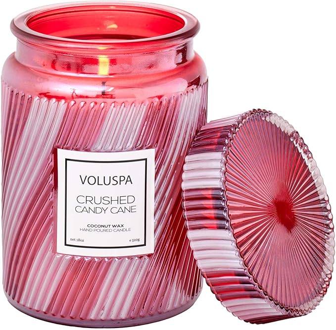 Voluspa | Crushed Candy Cane Candle | Large Glass Jar | 18 Oz. | 100 Hour Burn Time | Coconut Wax for Clean Burning | Christmas Candle | Holiday Candle