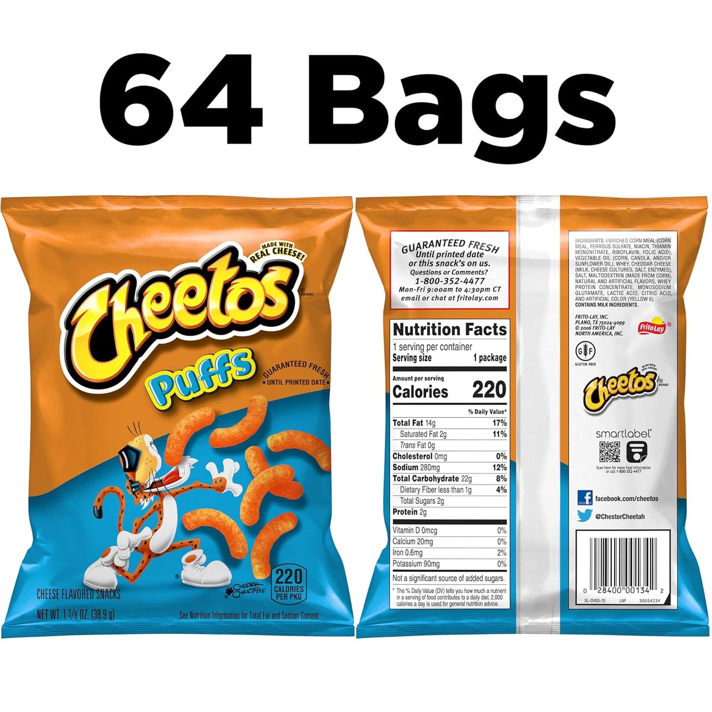 Cheetos Cheese Flavored Snacks, Puffs, 1.375 Ounce (Pack of 64)