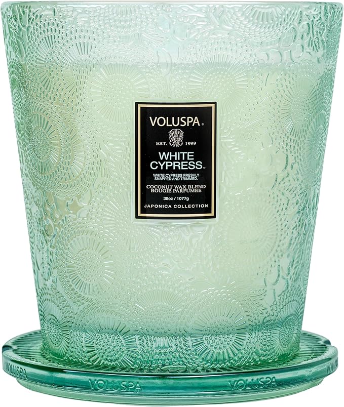 Voluspa White Cypress, 3 Wick Boxed Hearth, 38 Ounce, 80 Hour Burn Time, All Natural Wicks and Coconut Wax for Clean Burning, Vegan, Poured in The USA