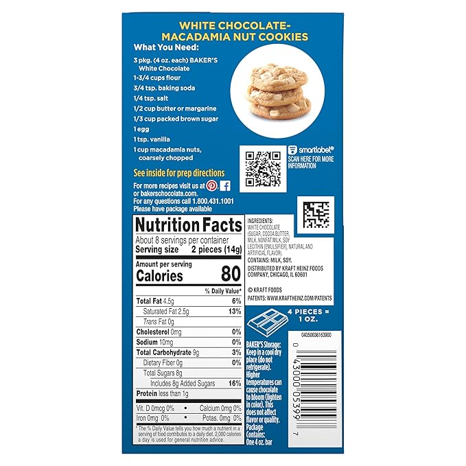 Bakers Premium White Chocolate Baking Bar 4oz Bar