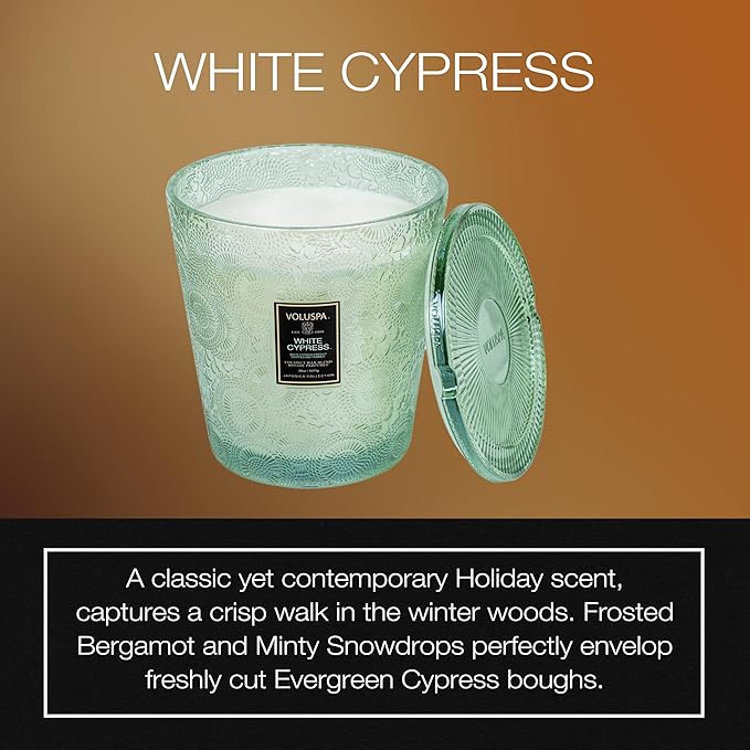 Voluspa White Cypress, 3 Wick Boxed Hearth, 38 Ounce, 80 Hour Burn Time, All Natural Wicks and Coconut Wax for Clean Burning, Vegan, Poured in The USA