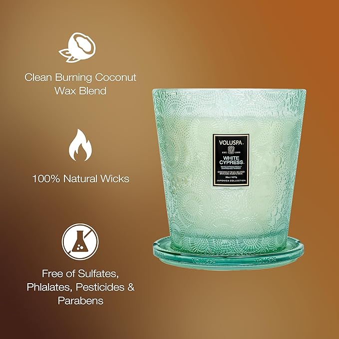 Voluspa White Cypress, 3 Wick Boxed Hearth, 38 Ounce, 80 Hour Burn Time, All Natural Wicks and Coconut Wax for Clean Burning, Vegan, Poured in The USA