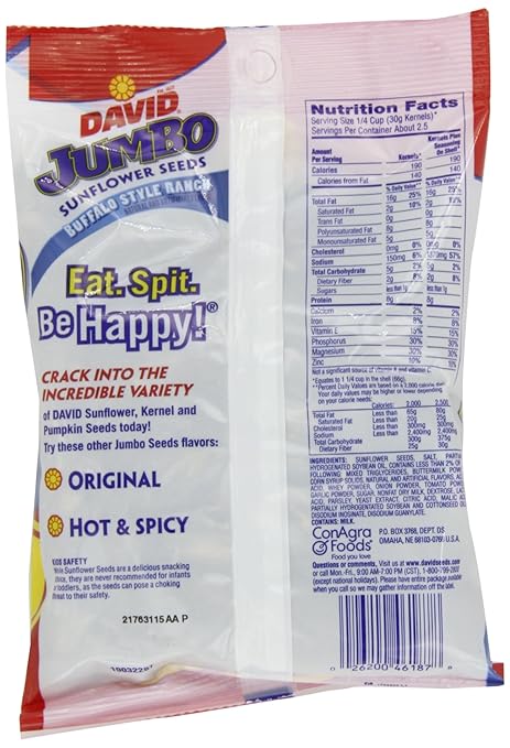 DAVID Jumbo Buffalo Ranch Sunflower Seeds 5.25 oz bags - Salted & Roasted.