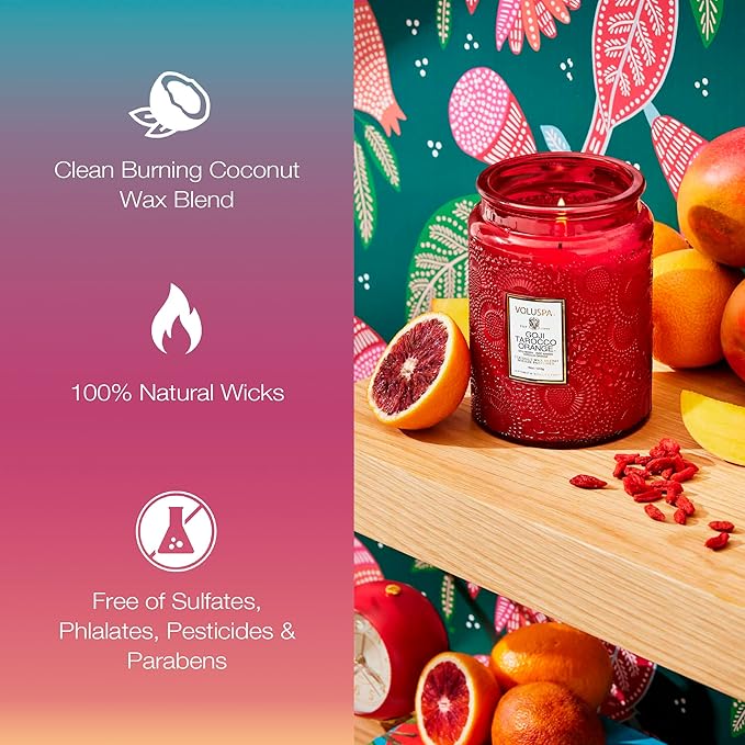 Voluspa Goji Tarocco Orange, Large Candle Jar, 18 oz, 100 Hour Burn Time, All Natural Wicks and Coconut Wax for Clean Burning, Vegan, Poured in the USA