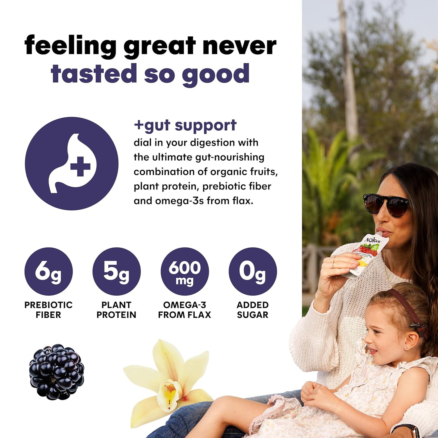 Noka Superfood Fruit Smoothie Pouches, Blackberry Vanilla, Healthy Snacks with Flax Seed, Plant Protein and Prebiotic Fiber, Vegan and Gluten Free Snacks, Organic Squeeze Pouch, 4.22 oz, 12 Count