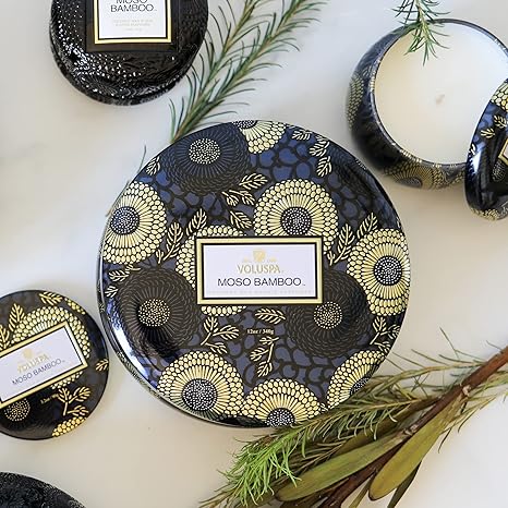 Voluspa Moso Bamboo, 3 Wick Tin Candle, 12 oz, 40 Hour Burn Time, Coconut Wax for Clean Burning, Handcrafted in the USA