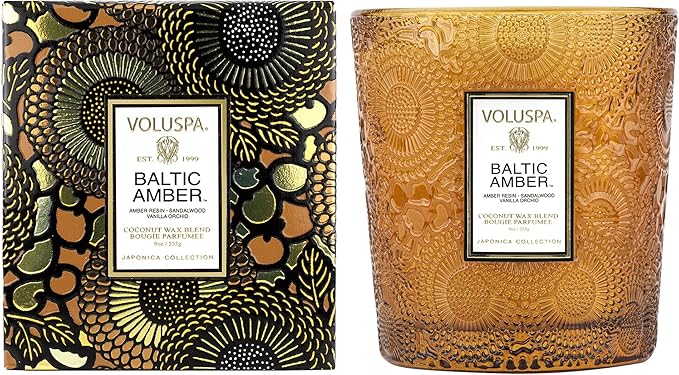 Voluspa Baltic Amber, Classic Boxed Candle, 9 oz, 60 Hour Burn Time, Coconut Wax for Clean Burning, Handcrafted in The USA