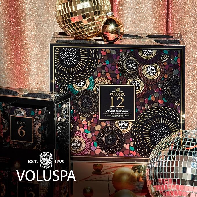 Voluspa 12 Day Advent Calendar Scented Candles Gift Set, 2.5 oz each, Christmas Candles Set, 25 Hour Burn Time per Candle, Scented Candles for Women and Men