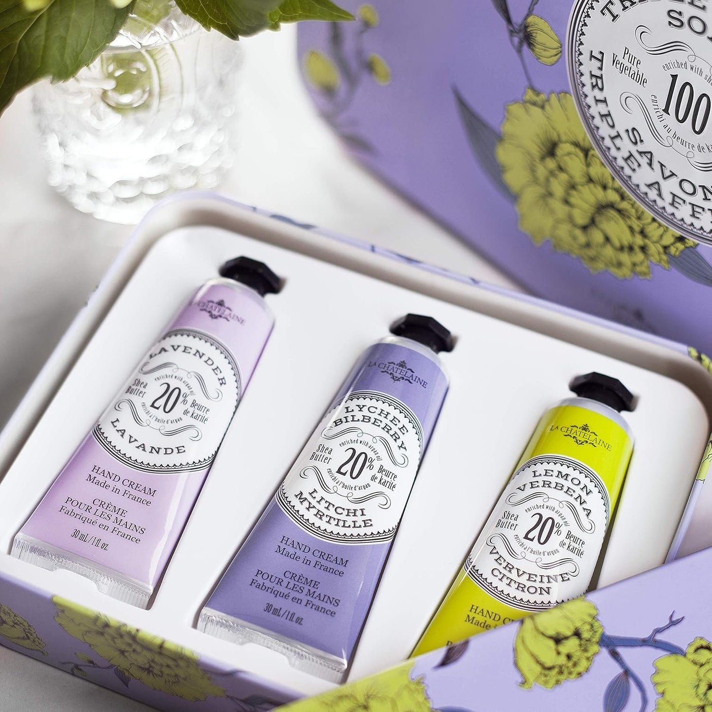 La Chatelaine Lavender Hand Cream Trio Gift Set and Luxury Triple Milled Soaps (Lavender, Lychee Bilberry, Lemon Verbena)