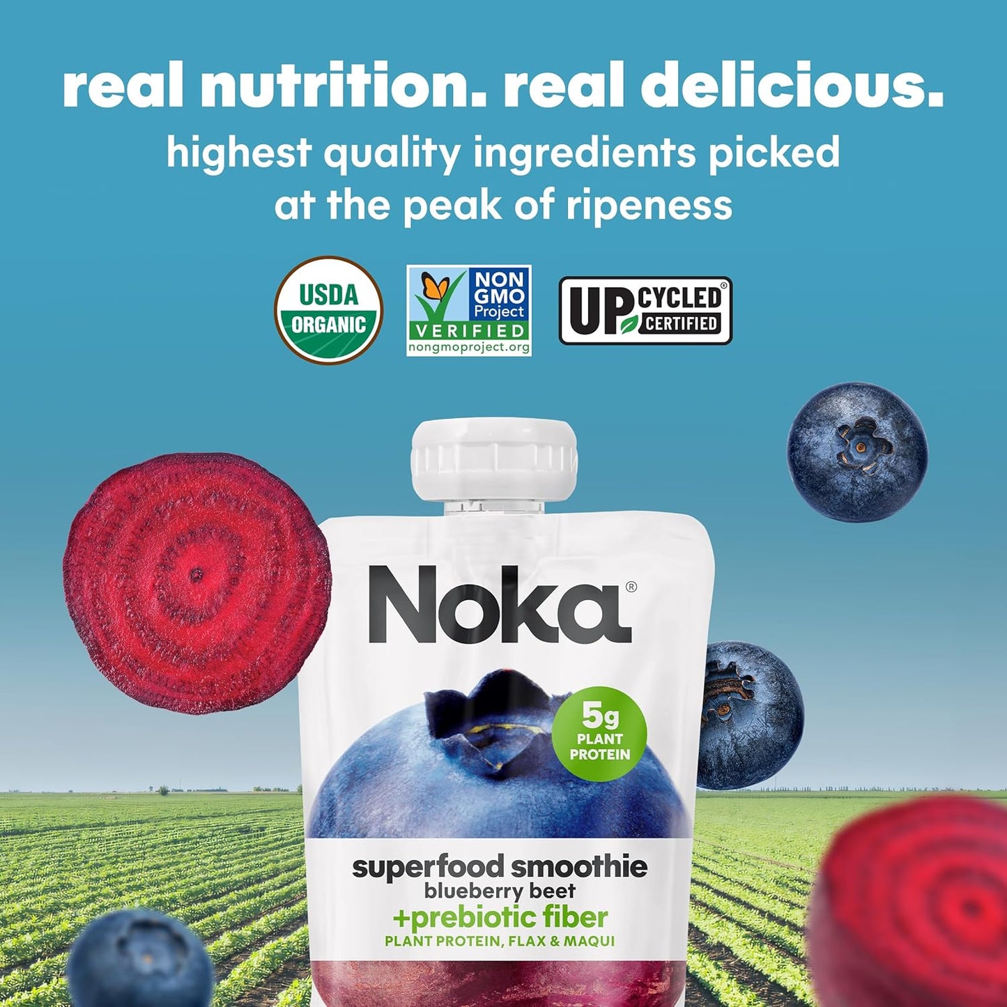 Noka Superfood Fruit Smoothie Pouches, Blueberry Beet, Healthy Snacks with Flax Seed, Prebiotic Fiber and Plant Protein, Vegan and Gluten Free, Organic Fruit & Veggie Squeeze Pouch, 4.22 oz, 12 Count