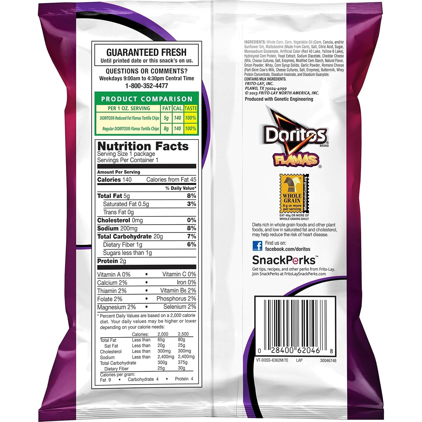 Doritos Reduced Fat Flamas Tortilla Chips 1oz bag (Case Pack of 72)
