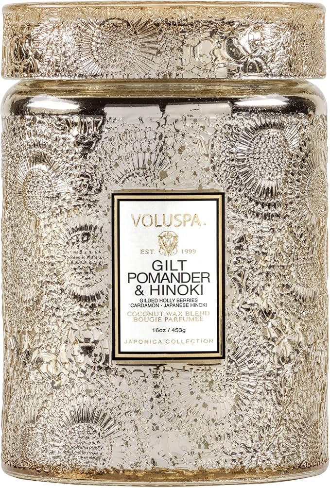 Voluspa Gilt Pomander Hinoki, Large Candle Jar, 18 oz, 100 Hour Burn Time, Coconut Wax for Clean Burning, Handcrafted in The USA