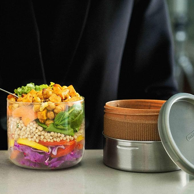 BLACK + BLUM GR-LB-M014 Pot Leakproof Meal Prep Lunch Box Food Container, Glass, Stainless Steel, Polypropylene with Wood Fibre and Silicone, 600 milliliters, Almond