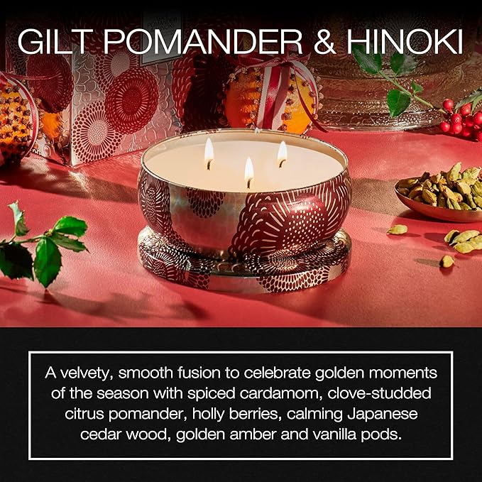 Voluspa Gilt Pomander Hinoki, 3 Wick Tin Candle, 12 Ounces, 40 Hour Burn Time, Coconut Wax for Clean Burning, Handcrafted in The USA