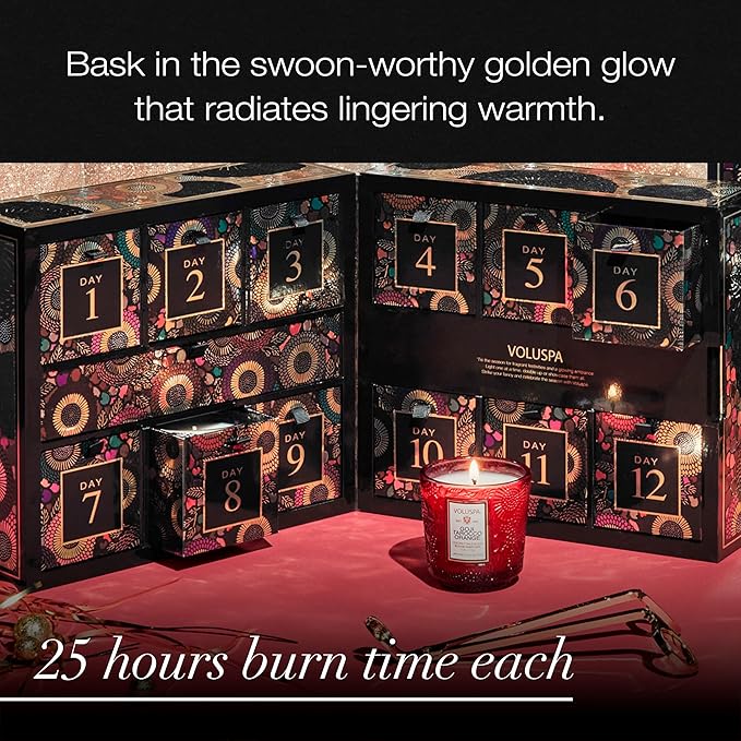 Voluspa 12 Day Advent Calendar Scented Candles Gift Set, 2.5 oz each, Christmas Candles Set, 25 Hour Burn Time per Candle, Scented Candles for Women and Men