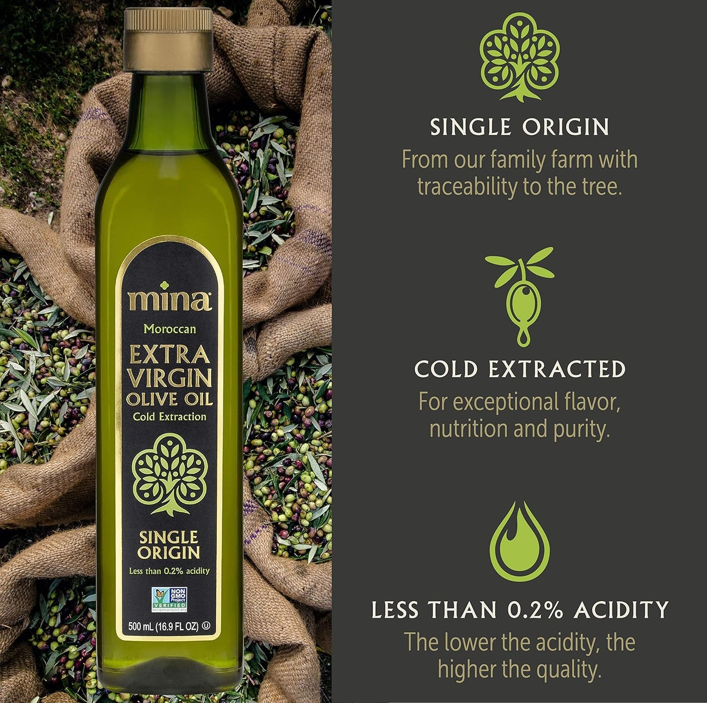 Mina Extra Virgin Olive Oil Single Origin Gourmet Moroccan Olive Oil Cold 16.9 os
