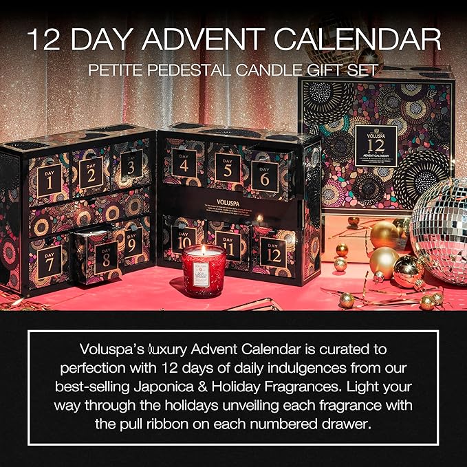 Voluspa 12 Day Advent Calendar Scented Candles Gift Set, 2.5 oz each, Christmas Candles Set, 25 Hour Burn Time per Candle, Scented Candles for Women and Men