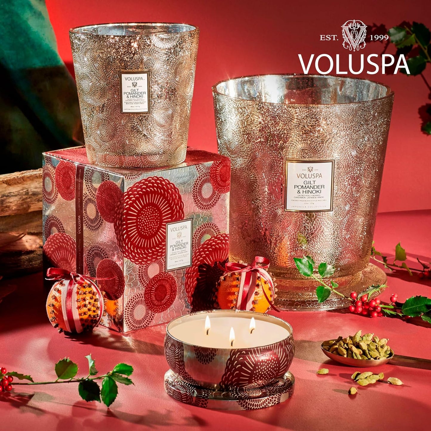 Voluspa Gilt Pomander Hinoki, 3 Wick Tin Candle, 12 Ounces, 40 Hour Burn Time, Coconut Wax for Clean Burning, Handcrafted in The USA