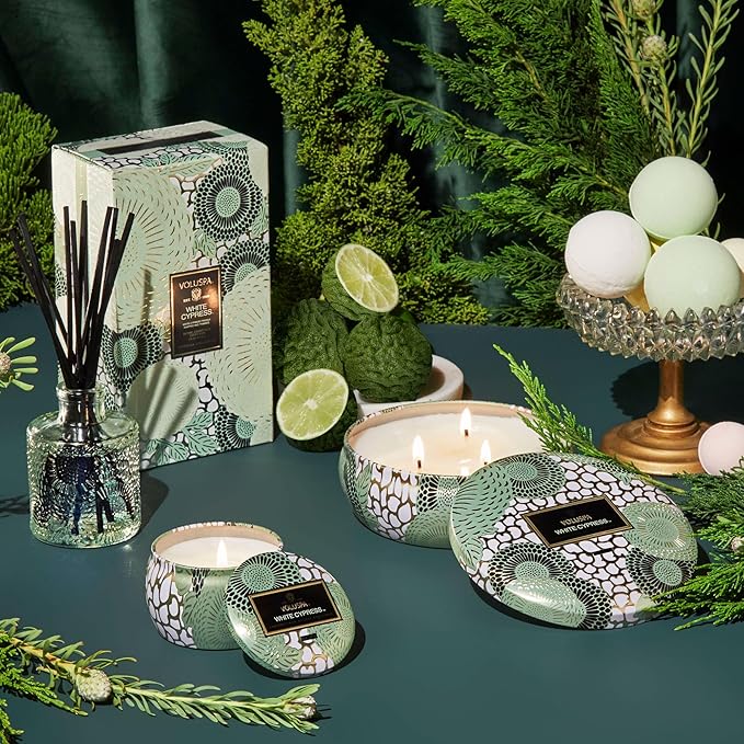 Voluspa White Cypress Candle | Mini Tin | 4 Oz. | 25 Hour Burn Time | | Coconut Wax for a Cleaner Burn