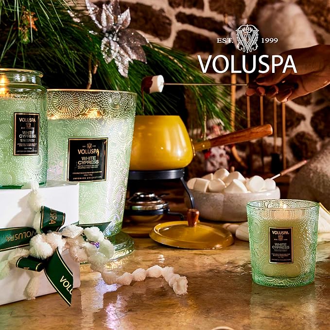 Voluspa White Cypress, 3 Wick Boxed Hearth, 38 Ounce, 80 Hour Burn Time, All Natural Wicks and Coconut Wax for Clean Burning, Vegan, Poured in The USA