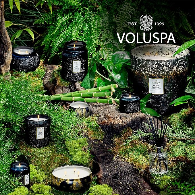 Voluspa Moso Bamboo, Glass Chawan Bowl Candle, 14 ounce, 50 Hour Burn Time, Coconut Wax for Clean Burning, Handcrafted in the USA