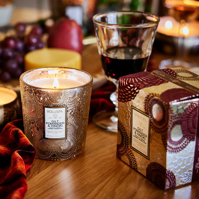 Voluspa Gilt Pomander and Hinoki, Classic Boxed 9 oz Candle, Coconut Wax Blend, Scented Candles for Home, 60 Hour Burn Time, Handcrafted in The USA