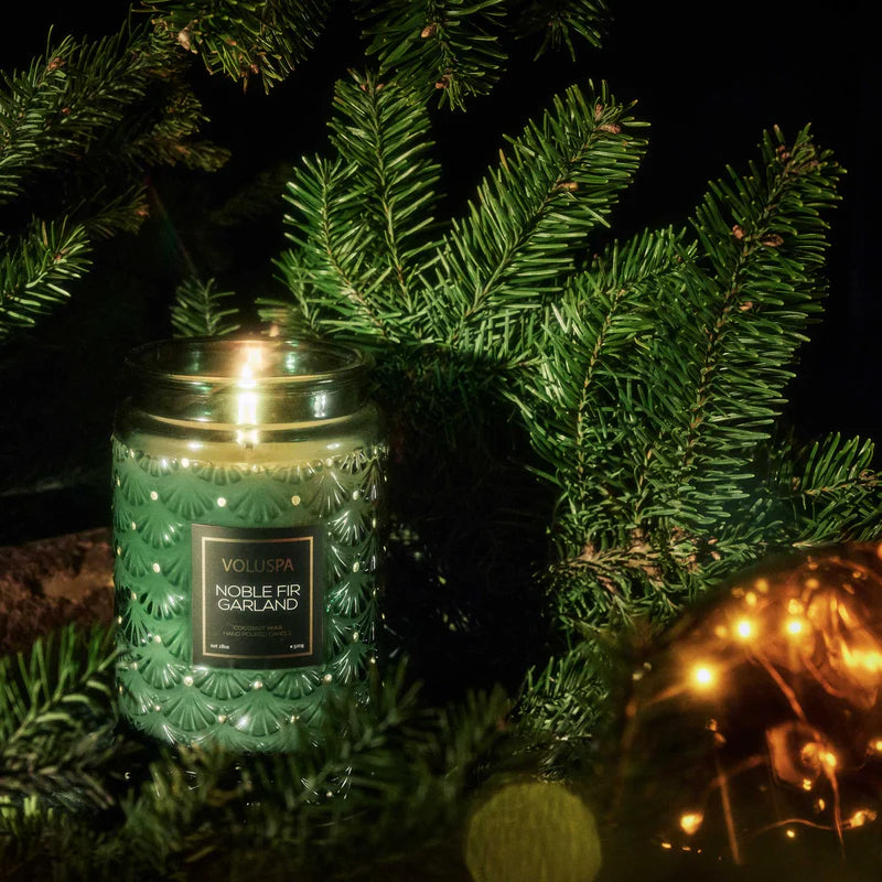 Voluspa Japonica Noble Fir Garland Large Glass Jar 18 oz