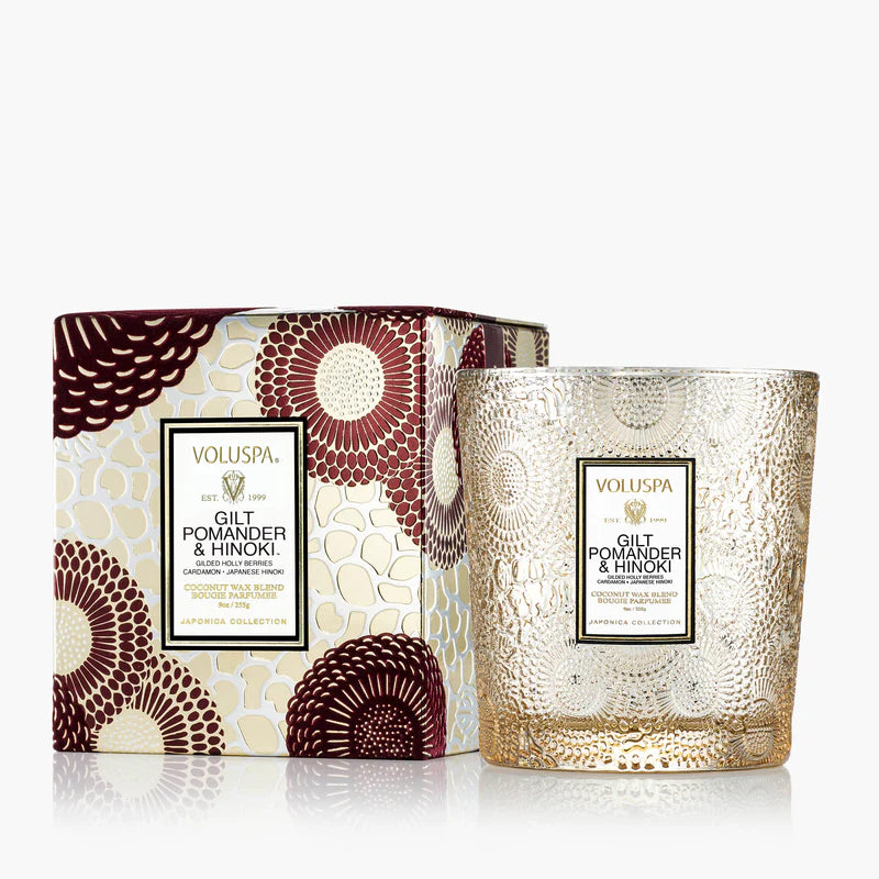 Voluspa Gilt Pomander and Hinoki, Classic Boxed 9 oz Candle, Coconut Wax Blend, Scented Candles for Home, 60 Hour Burn Time, Handcrafted in The USA