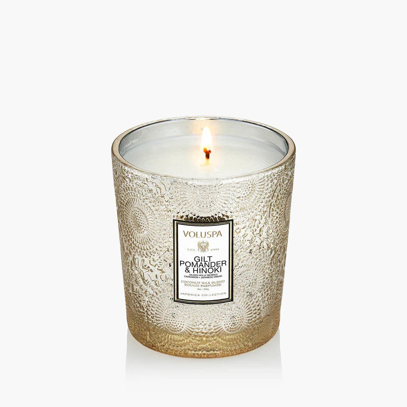 Voluspa Gilt Pomander and Hinoki, Classic Boxed 9 oz Candle, Coconut Wax Blend, Scented Candles for Home, 60 Hour Burn Time, Handcrafted in The USA