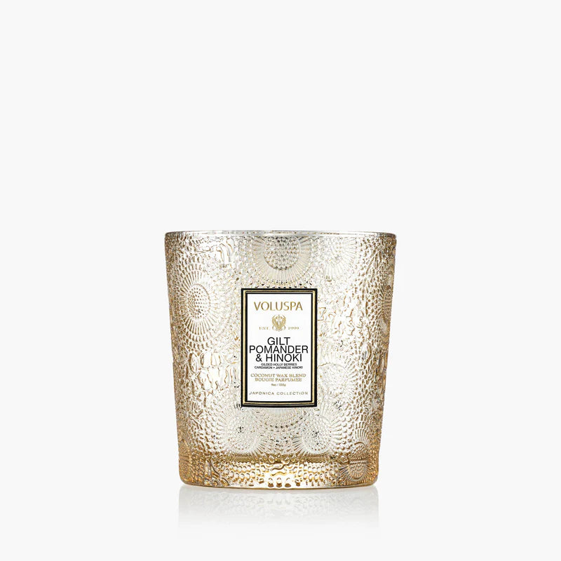 Voluspa Gilt Pomander and Hinoki, Classic Boxed 9 oz Candle, Coconut Wax Blend, Scented Candles for Home, 60 Hour Burn Time, Handcrafted in The USA