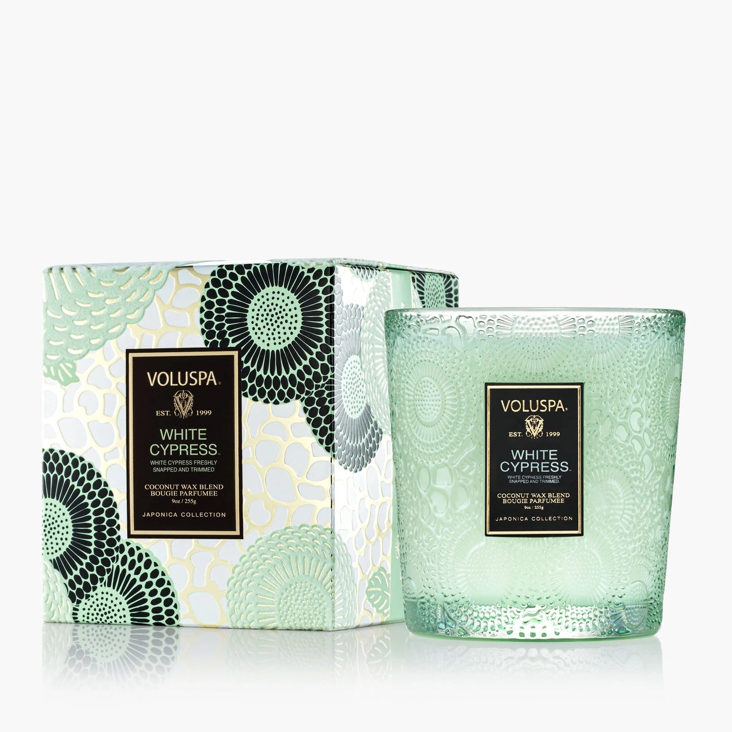 Voluspa White Cypress Candle Jar, 9 oz, Coconut Wax Blend, Winter Scented Candles for Home, 60 Hour Burn Time, Handcrafted in The USA