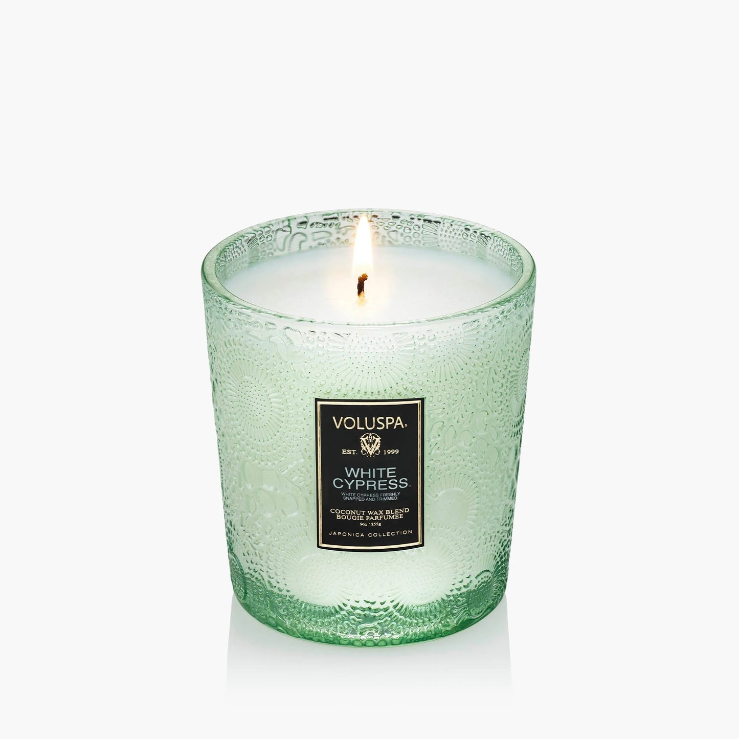 Voluspa White Cypress Candle Jar, 9 oz, Coconut Wax Blend, Winter Scented Candles for Home, 60 Hour Burn Time, Handcrafted in The USA