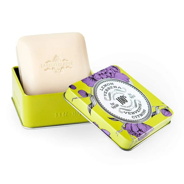La Chatelaine Luxury Travel Soap Collection, Set of 4: Plant-Based, Made in France with Organic Shea Butter, featuring 2 Lavender soaps, 2 Lemon Verbena soaps, & 2 Travel Tins
