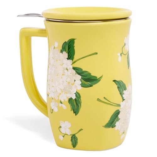 Tea Forte Ceramic Fiore Cup with Handle, Removeable Stainless Steel Infuser Basket and Lid, Steeps 14 oz Loose Leaf Tea, Dishwasher & Microwave Safe, Hydrangea