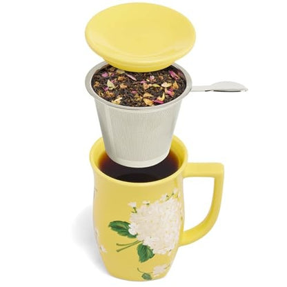 Tea Forte Ceramic Fiore Cup with Handle, Removeable Stainless Steel Infuser Basket and Lid, Steeps 14 oz Loose Leaf Tea, Dishwasher & Microwave Safe, Hydrangea