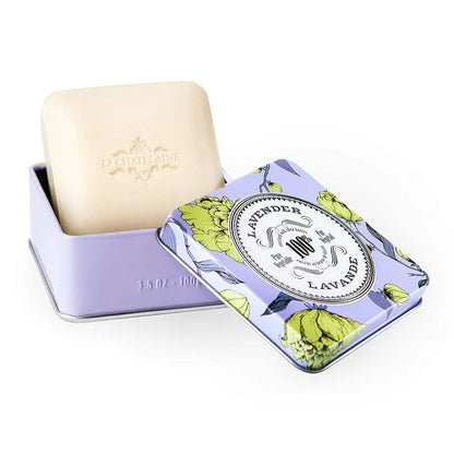 La Chatelaine Luxury Travel Soap Collection, Set of 4: Plant-Based, Made in France with Organic Shea Butter, featuring 2 Lavender soaps, 2 Lemon Verbena soaps, & 2 Travel Tins