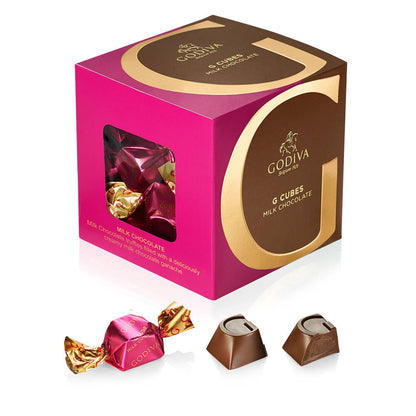 The Classic Milk Chocolate G Cube Gift Box includes 22 milk chocolate truffles