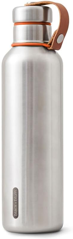 BLACK+BLUM - Water Bottle - Stainless Steel Thermal Insulated Leak Proof Travel Thermo Flask with Wide Spout and Stylish Vegan Leather Carry Loop - Keeps Hot for 12 hrs, Cold for 24 hrs,Oran