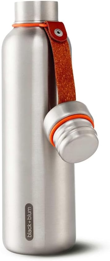 BLACK+BLUM - Water Bottle - Stainless Steel Thermal Insulated Leak Proof Travel Thermo Flask with Wide Spout and Stylish Vegan Leather Carry Loop - Keeps Hot for 12 hrs, Cold for 24 hrs,Oran