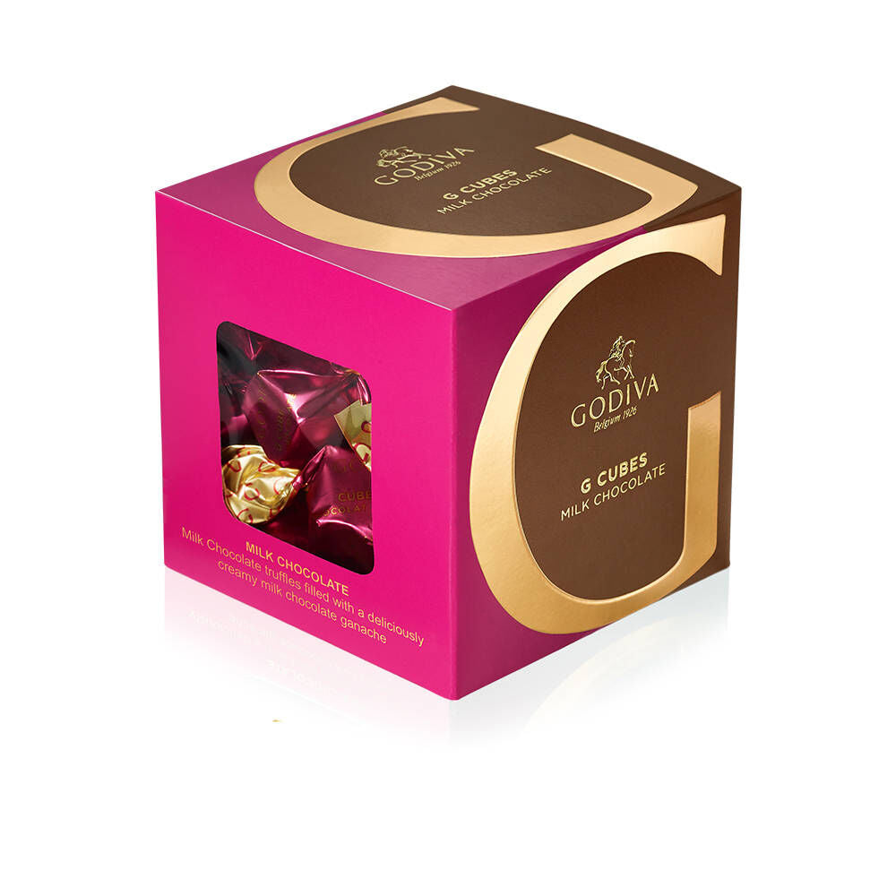 The Classic Milk Chocolate G Cube Gift Box includes 22 milk chocolate truffles
