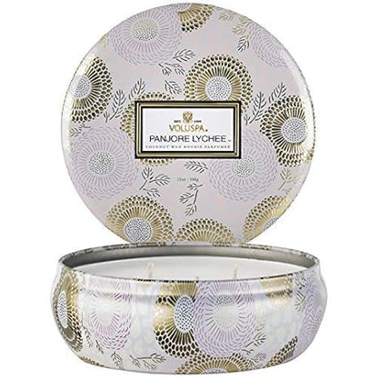 Voluspa Panjore Lychee, 3 Wick Tin Candle, 12 ounce, 40 Hour Burn Time, Coconut Wax for Clean Burning, Handcrafted in the USA