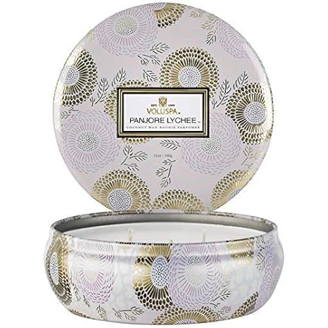 Voluspa Panjore Lychee, 3 Wick Tin Candle, 12 ounce, 40 Hour Burn Time, Coconut Wax for Clean Burning, Handcrafted in the USA