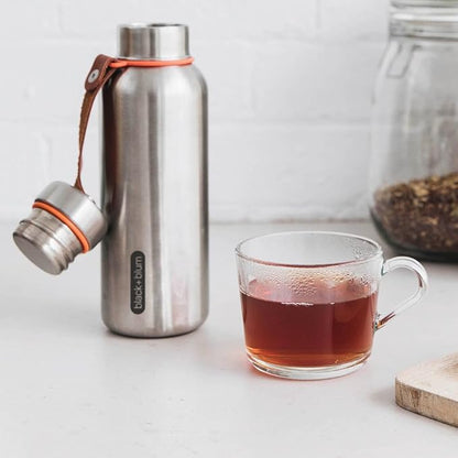 BLACK+BLUM - Water Bottle - Stainless Steel Thermal Insulated Leak Proof Travel Thermo Flask with Wide Spout and Stylish Vegan Leather Carry Loop - Keeps Hot for 12 hrs, Cold for 24 hrs,Oran