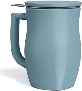 Tea Forte Ceramic Fiore Cup with Handle, Removeable Stainless Steel Infuser Basket and Lid, Steeps 14 oz Loose Leaf Tea, Dishwasher & Microwave Safe, Stone Blue