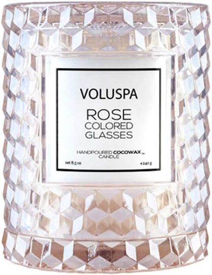 Voluspa Rose Colored Glasses, Cloche Textured Glass Candle, 8.5 Ounce, 55 Hour Burn Time, Coconut Wax for Clean Burning, Handcrafted in The USA