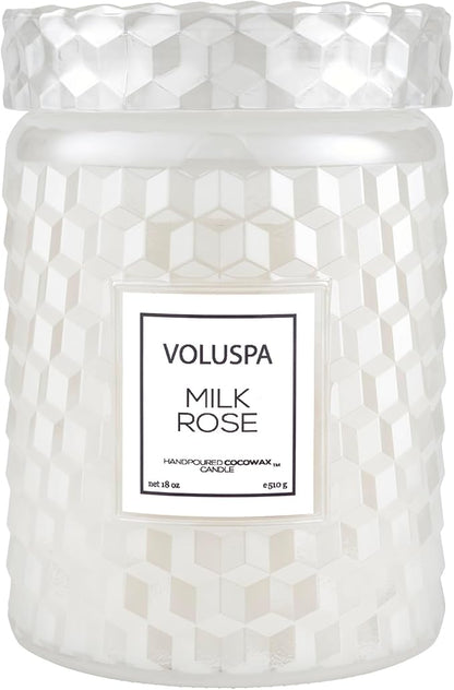 Voluspa Milk Rose, Large Candle Jar, 18 Ounce, 100 Hour Burn Time, Coconut Wax for Clean Burning, Handcrafted in The USA